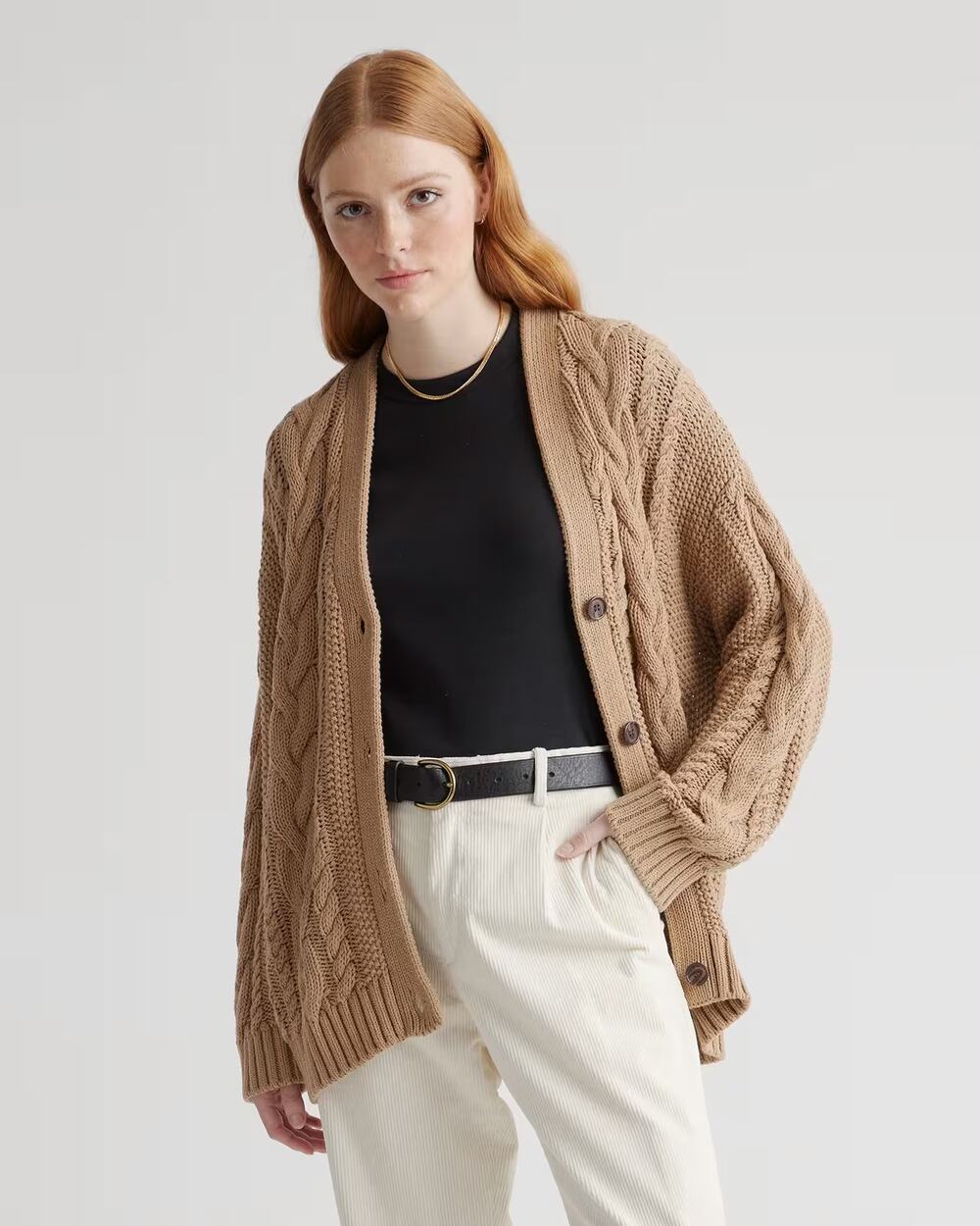 Quince 100% Organic Cotton Oversized Cable Knit Cardigan Camel M Coastal Sweater